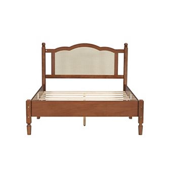 Merax Wooden Platform Bed with Natural Rattan Headboard