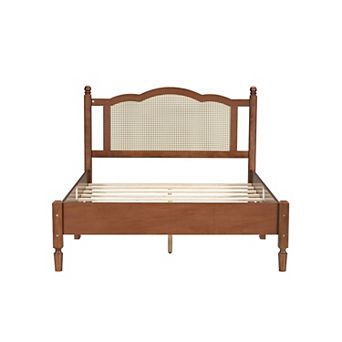 Merax Wooden Platform Bed with Natural Rattan Headboard