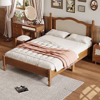 Merax Wooden Platform Bed with Natural Rattan Headboard