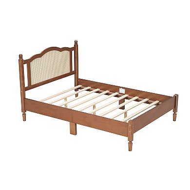 Merax Wooden Platform Bed with Natural Rattan Headboard