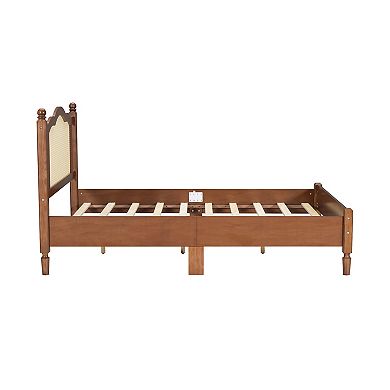 Merax Wooden Platform Bed with Natural Rattan Headboard