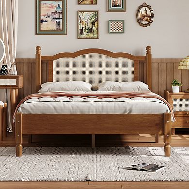 Merax Wooden Platform Bed with Natural Rattan Headboard