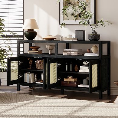 Merax Rattan Buffet Storage Cabinet, Sideboard with 3-position Adjustable Shelves