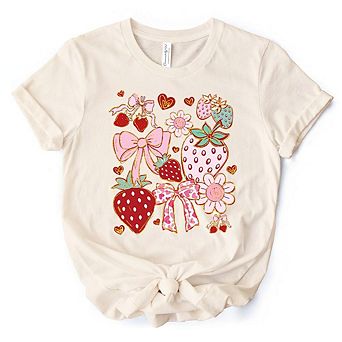 Boho Strawberry Coquette T-Shirt, Cute Bow and Floral Tee for Sweet and Stylish Women