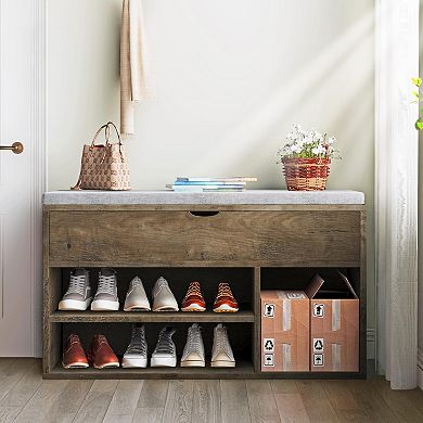 Storage Bench with Cushion, Lift-Top Storage & 2-Tier Open Shoe Rack, Perfect Entryway Organizer