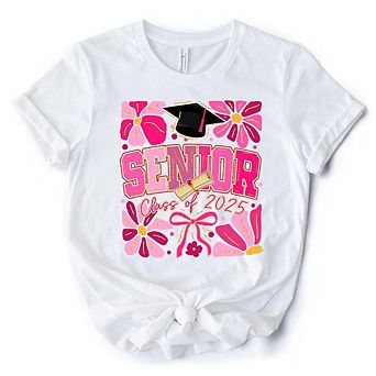 Boho Senior 2025 T-Shirt, Pink Floral Graduation White Tee for Proud and Stylish Students