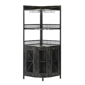 Bar Cabinet with Charge Outlet, 5 tier Wine Rack, LED Light & Glass Holder, Tall Liquor Cabinet