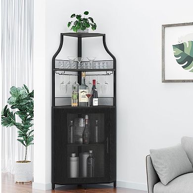 Corner Wine Bar Cabinet with Detachable Rack, Barn Door, Adjustable Shelf & Mesh Door Buffet