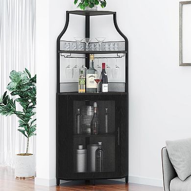 Corner Wine Bar Cabinet with Detachable Rack, Barn Door, Adjustable Shelf & Mesh Door Buffet
