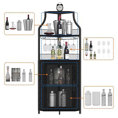 Corner Wine Bar Cabinet with Detachable Rack, Barn Door, Adjustable Shelf & Mesh Door Buffet