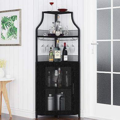 Corner Wine Bar Cabinet with Detachable Rack, Barn Door, Adjustable Shelf & Mesh Door Buffet