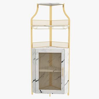 Corner Wine Bar Cabinet with Detachable Rack, Barn Door, Adjustable Shelf & Mesh Door Buffet
