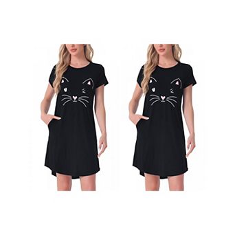 2 pc Women's Pajamas Night Shirts Cute Printed Sleep Dress Short Sleeve Nightgowns