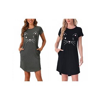 2 pc Women's Pajamas Night Shirts Cute Printed Sleep Dress Short Sleeve Nightgowns