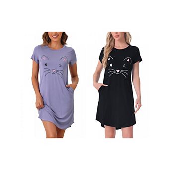 2 pc Women's Pajamas Night Shirts Cute Printed Sleep Dress Short Sleeve Nightgowns
