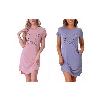 2 pc Women's Pajamas Night Shirts Cute Printed Sleep Dress Short Sleeve Nightgowns