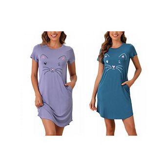 2 pc Women's Pajamas Night Shirts Cute Printed Sleep Dress Short Sleeve Nightgowns