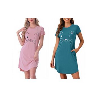 2 pc Women's Pajamas Night Shirts Cute Printed Sleep Dress Short Sleeve Nightgowns