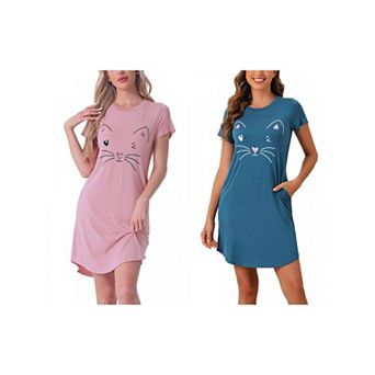 2 pc Women's Pajamas Night Shirts Cute Printed Sleep Dress Short Sleeve Nightgowns