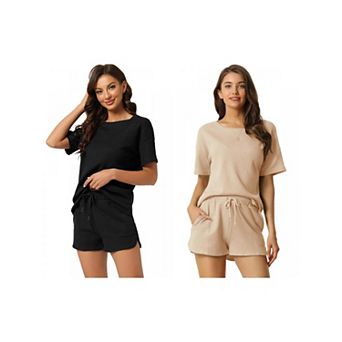 2 Sets Women's Lounge Sets with Pockets Waffle Outfits T-shirt and Shorts Loungewear