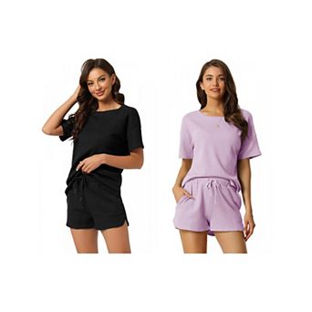 2 Sets Women's Lounge Sets with Pockets Waffle Outfits T-shirt and Shorts Loungewear