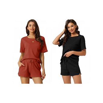 2 Sets Women's Lounge Sets with Pockets Waffle Outfits T-shirt and Shorts Loungewear