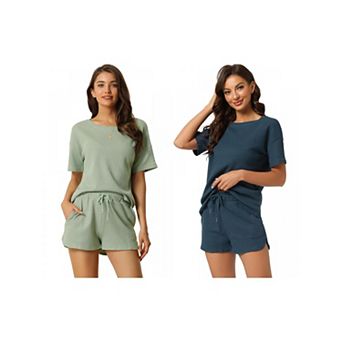2 Sets Women's Lounge Sets with Pockets Waffle Outfits T-shirt and Shorts Loungewear