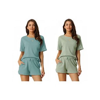 2 Sets Women's Lounge Sets with Pockets Waffle Outfits T-shirt and Shorts Loungewear
