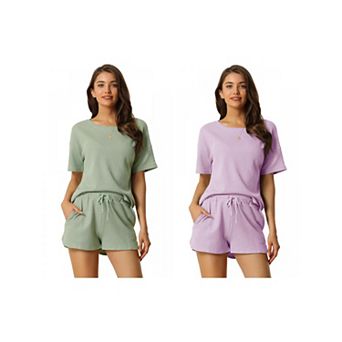 2 Sets Women's Lounge Sets with Pockets Waffle Outfits T-shirt and Shorts Loungewear