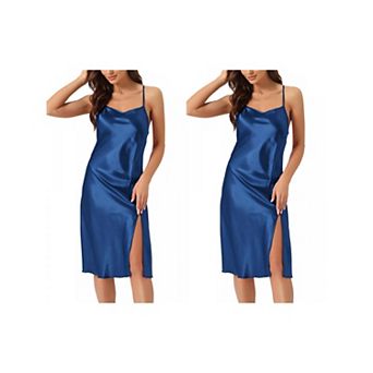 2 pc Women's Satin Nightdress Sleeveless Backless Slit Silky Midi Nightgown