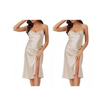 2 pc Women's Satin Nightdress Sleeveless Backless Slit Silky Midi Nightgown