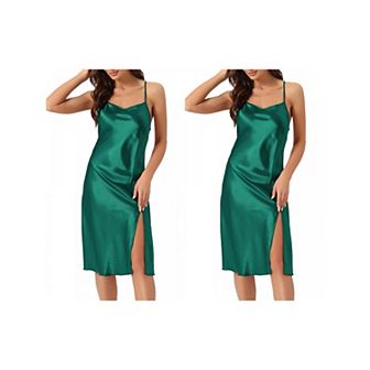 2 pc Women's Satin Nightdress Sleeveless Backless Slit Silky Midi Nightgown