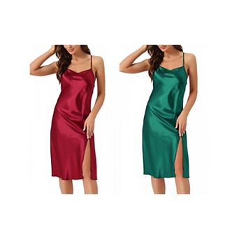 2 pc Women's Satin Nightdress Sleeveless Backless Slit Silky Midi Nightgown