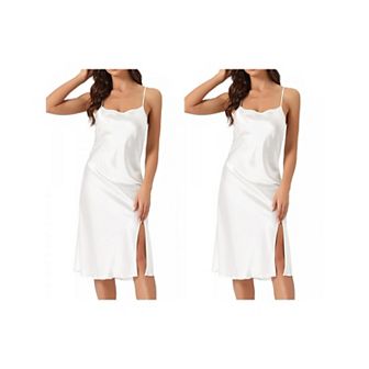 2 pc Women's Satin Nightdress Sleeveless Backless Slit Silky Midi Nightgown