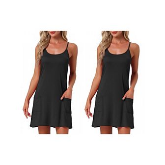 2 pc Women's Nightgowns Sleeveless Sleepwear Racerback Chemise Night Shirts with Pockets