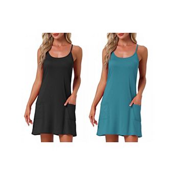 2 pc Women's Nightgowns Sleeveless Sleepwear Racerback Chemise Night Shirts with Pockets