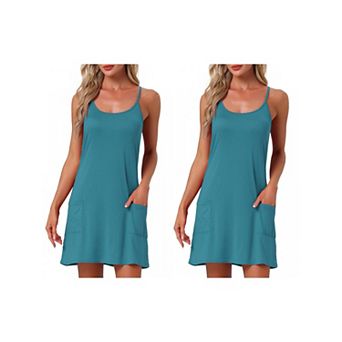 2 pc Women's Nightgowns Sleeveless Sleepwear Racerback Chemise Night Shirts with Pockets