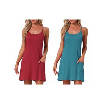 2 pc Women's Nightgowns Sleeveless Sleepwear Racerback Chemise Night Shirts with Pockets