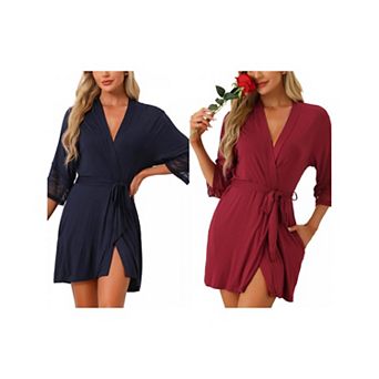 2 pc Women's Robe Cotton Short Bathrobe Lightweight Thin Sleepwear Soft Loungewear with Pockets