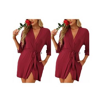 2 pc Women's Robe Cotton Short Bathrobe Lightweight Thin Sleepwear Soft Loungewear with Pockets