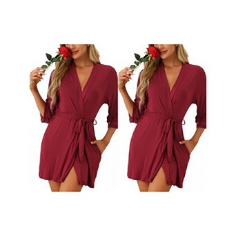 2 pc Women's Robe Cotton Short Bathrobe Lightweight Thin Sleepwear Soft Loungewear with Pockets