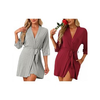 2 pc Women's Robe Cotton Short Bathrobe Lightweight Thin Sleepwear Soft Loungewear with Pockets