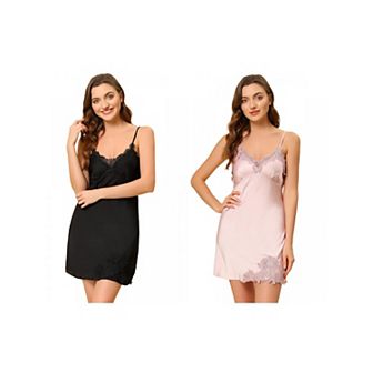 2 pc Women's Satin V Neck Lace Cami Dress Chemise Nightgown Mini Pajama Dress