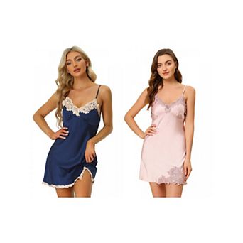 2 pc Women's Satin V Neck Lace Cami Dress Chemise Nightgown Mini Pajama Dress