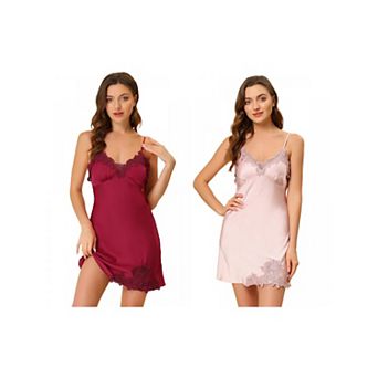 2 pc Women's Satin V Neck Lace Cami Dress Chemise Nightgown Mini Pajama Dress