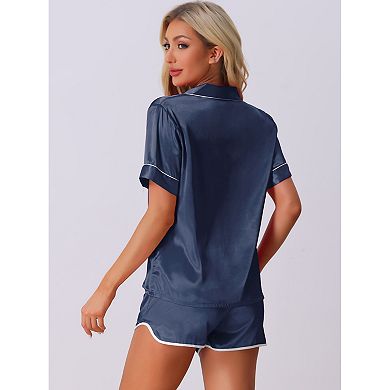 2 Sets Women's Satin Pajamas Silky Short Sleeve Button Up Shorts Lounge Sets