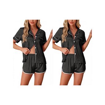 2 Sets Women's Satin Pajamas Silky Short Sleeve Button Up Shorts Lounge Sets