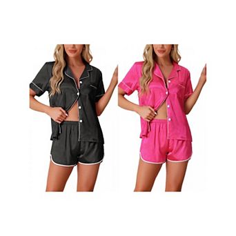 2 Sets Women's Satin Pajamas Silky Short Sleeve Button Up Shorts Lounge Sets