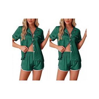 2 Sets Women's Satin Pajamas Silky Short Sleeve Button Up Shorts Lounge Sets