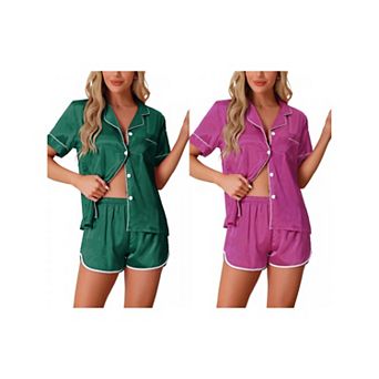 2 Sets Women's Satin Pajamas Silky Short Sleeve Button Up Shorts Lounge Sets